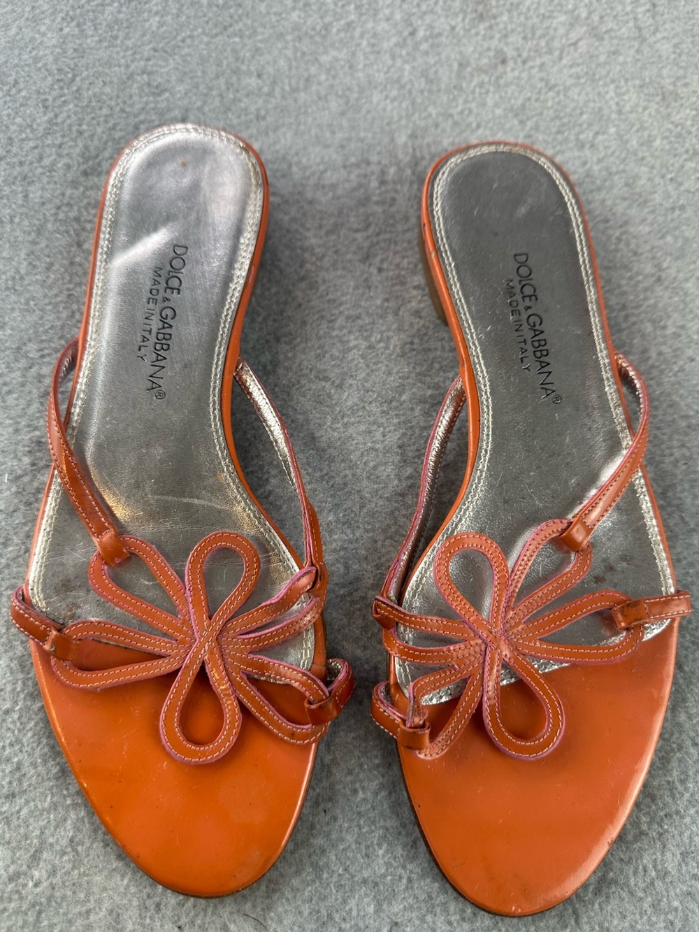 Vintage Dolce & Gabbana Orange Daisy Strappy Patent Leather Sandals Size EU36